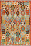 Flat Weave Kilim Antique Navaho Vintage handmade Geometric Kilim Blue Rust Hand-Woven Rectangle 100% Wool Area Rug 4x6 