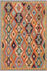 Flat Weave Kilim Antique Navaho Vintage handmade Geometric Kilim Rust Blue Hand-Woven Rectangle 100% Wool Area Rug 5x7 