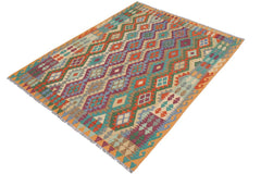 Flat Weave Kilim Antique Navaho Vintage handmade Geometric Kilim Rust Blue Hand-Woven Rectangle 100% Wool Area Rug 6x8 