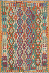 Flat Weave Kilim Antique Navaho Vintage handmade Geometric Kilim Rust Blue Hand-Woven Rectangle 100% Wool Area Rug 6x8 