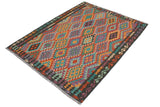 Flat Weave Kilim Antique Navaho Vintage handmade Geometric Kilim Rust Green Hand-Woven Rectangle 100% Wool Area Rug 5x6 