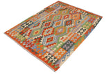 Flat Weave Kilim Antique Navaho Vintage handmade Geometric Kilim Rust Blue Hand-Woven Rectangle 100% Wool Area Rug 5x6 