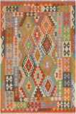 Flat Weave Kilim Antique Navaho Vintage handmade Geometric Kilim Rust Blue Hand-Woven Rectangle 100% Wool Area Rug 5x6 