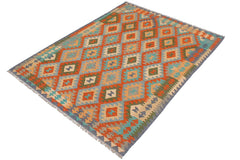 Flat Weave Kilim Antique Navaho Vintage handmade Geometric Kilim Rust Blue Hand-Woven Rectangle 100% Wool Area Rug 5x7 