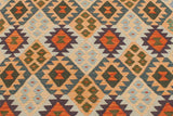 Flat Weave Kilim Antique Navaho Vintage handmade Geometric Kilim Blue Beige Hand-Woven Rectangle 100% Wool Area Rug 5x7 