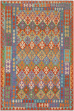 Flat Weave Kilim Antique Navaho Vintage handmade Geometric Kilim Rust Blue Hand-Woven Rectangle 100% Wool Area Rug 6x8 