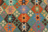 Flat Weave Kilim Antique Navaho Vintage handmade Geometric Kilim Green Blue Hand-Woven Rectangle 100% Wool Area Rug 5x7 