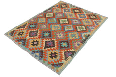 Flat Weave Kilim Antique Navaho Vintage handmade Geometric Kilim Rust Blue Hand-Woven Rectangle 100% Wool Area Rug 5x6 