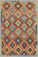 Flat Weave Kilim Antique Navaho Vintage handmade Geometric Kilim Rust Blue Hand-Woven Rectangle 100% Wool Area Rug 5x6 