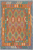 Flat Weave Kilim Antique Navaho Vintage handmade Geometric Kilim Gray Blue Hand-Woven Rectangle 100% Wool Area Rug 5x7 