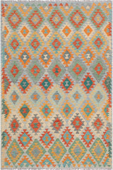 Flat Weave Kilim Antique Navaho Vintage handmade Geometric Kilim Rust Blue Hand-Woven Rectangle 100% Wool Area Rug 5x7 