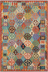 Flat Weave Kilim Antique Navaho Vintage handmade Geometric Kilim Blue Rust Hand-Woven Rectangle 100% Wool Area Rug 5x6 