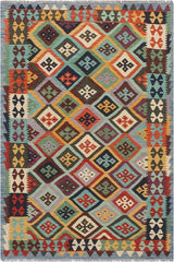 Flat Weave Kilim Antique Navaho Vintage handmade Geometric Kilim Rust Blue Hand-Woven Rectangle 100% Wool Area Rug 5x7 