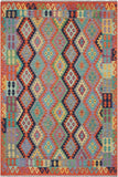 Flat Weave Kilim Antique Navaho Vintage handmade Geometric Kilim Blue Rust Hand-Woven Rectangle 100% Wool Area Rug 6x8 