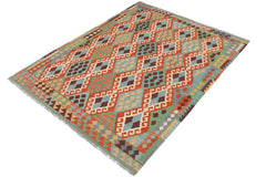 Flat Weave Kilim Antique Navaho Vintage handmade Geometric Kilim Rust Blue Hand-Woven Rectangle 100% Wool Area Rug 6x8 