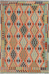 Flat Weave Kilim Antique Navaho Vintage handmade Geometric Kilim Rust Blue Hand-Woven Rectangle 100% Wool Area Rug 6x8 