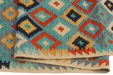 Flat Weave Kilim Antique Navaho Vintage handmade Modern Kilim Blue Beige Hand-Woven Rectangle 100% Wool Area Rug 6x8 