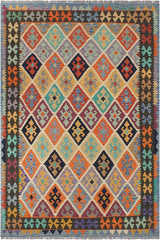 Flat Weave Kilim Antique Navaho Vintage handmade Geometric Kilim Beige Blue Hand-Woven Rectangle 100% Wool Area Rug 6x8 