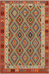 Flat Weave Kilim Antique Navaho Vintage handmade Geometric Kilim Blue Rust Hand-Woven Rectangle 100% Wool Area Rug 6x8 