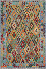 Flat Weave Kilim Antique Navaho Vintage handmade Geometric Kilim Red Blue Hand-Woven Rectangle 100% Wool Area Rug 6x8 