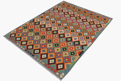 Flat Weave Kilim Antique Navaho Vintage handmade Modern Kilim Rust Blue Hand-Woven Rectangle 100% Wool Area Rug 6x8 