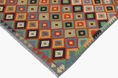 Flat Weave Kilim Antique Navaho Vintage handmade Modern Kilim Rust Blue Hand-Woven Rectangle 100% Wool Area Rug 6x8 