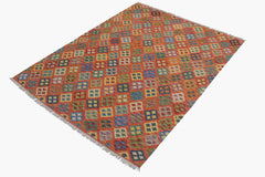 Flat Weave Kilim Antique Navaho Vintage handmade Modern Kilim Rust Blue Hand-Woven Rectangle 100% Wool Area Rug 6x8 