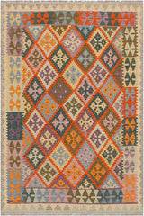 Flat Weave Kilim Antique Navaho Vintage handmade Geometric Kilim Rust Beige Hand-Woven Rectangle 100% Wool Area Rug 4x5 