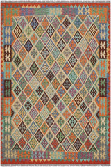 Flat Weave Kilim Antique Navaho Vintage handmade Geometric Kilim Beige Rust Hand-Woven Rectangle 100% Wool Area Rug 6x7 