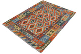 Flat Weave Kilim Antique Navaho Vintage handmade Geometric Kilim Rust Blue Hand-Woven Rectangle 100% Wool Area Rug 5x7 