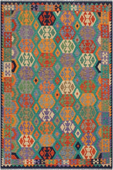 Flat Weave Kilim Antique Navaho Vintage handmade Geometric Kilim Green Blue Hand-Woven Rectangle 100% Wool Area Rug 6x8 