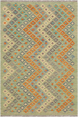 Flat Weave Kilim Antique Navaho Vintage handmade Modern Kilim Green Blue Hand-Woven Rectangle 100% Wool Area Rug 4x6 