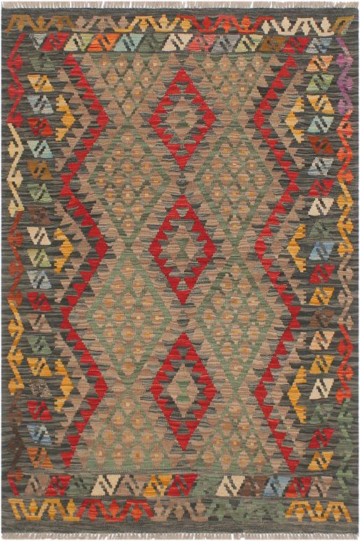 Flat Weave Kilim Antique Navaho Vintage handmade Geometric Kilim Red Green Hand-Woven Rectangle 100% Wool Area Rug 4x5 