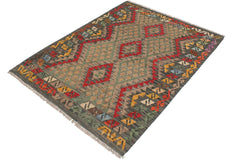 Flat Weave Kilim Antique Navaho Vintage handmade Geometric Kilim Red Green Hand-Woven Rectangle 100% Wool Area Rug 4x5 