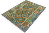 Handmade Geometric Kilim Green Blue Hand-Woven Rectangle 100% Wool Area Rug 3 X 5