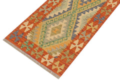 Flat Weave Kilim Antique Navaho Vintage handmade Geometric Kilim Blue Rust Hand-Woven Runner 100% Wool Area Rug 2x6 