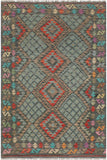 Flat Weave Kilim Antique Navaho Vintage handmade Geometric Kilim Green Red Hand-Woven Rectangle 100% Wool Area Rug 4x6 