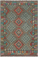 Flat Weave Kilim Antique Navaho Vintage handmade Geometric Kilim Green Red Hand-Woven Rectangle 100% Wool Area Rug 4x6 