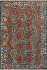 Flat Weave Kilim Antique Navaho Vintage handmade Geometric Kilim Charcoal Red Hand-Woven Rectangle 100% Wool Area Rug 5x7 