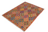 Flat Weave Kilim Antique Navaho Vintage handmade Geometric Kilim Rust Blue Hand-Woven Rectangle 100% Wool Area Rug 5x6 