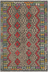 Flat Weave Kilim Antique Navaho Vintage handmade Geometric Kilim Green Red Hand-Woven Rectangle 100% Wool Area Rug 5x7 