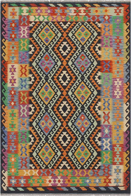 Flat Weave Kilim Antique Navaho Vintage handmade Geometric Kilim Blue Gold Hand-Woven Rectangle 100% Wool Area Rug 6x8 