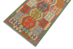 Flat Weave Kilim Antique Navaho Vintage handmade Geometric Kilim Rust Green Hand-Woven Runner 100% Wool Area Rug 3x10 