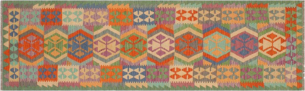 Flat Weave Kilim Antique Navaho Vintage handmade Geometric Kilim Rust Green Hand-Woven Runner 100% Wool Area Rug 3x10 