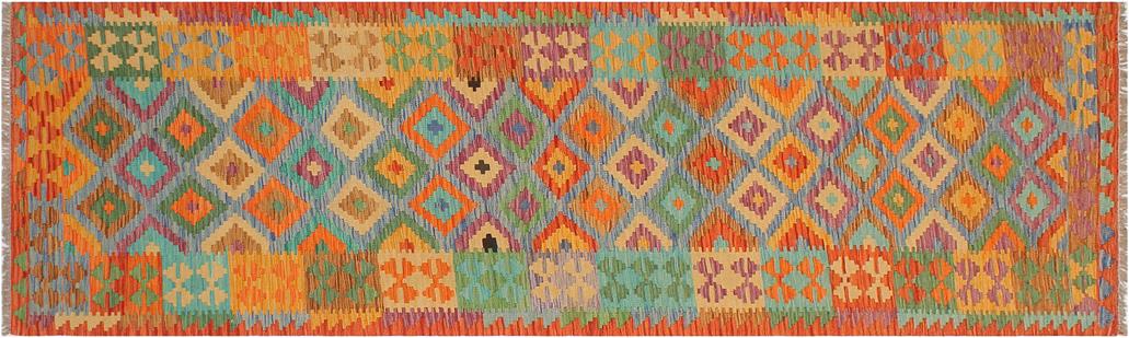 Flat Weave Kilim Antique Navaho Vintage handmade Geometric Kilim Blue Rust Hand-Woven Runner 100% Wool Area Rug 3x10 