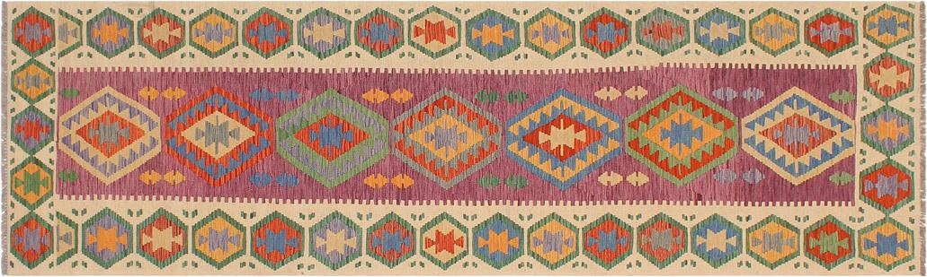 Flat Weave Kilim Antique Navaho Vintage handmade Geometric Kilim Purple Beige Hand-Woven Runner 100% Wool Area Rug 3x10 