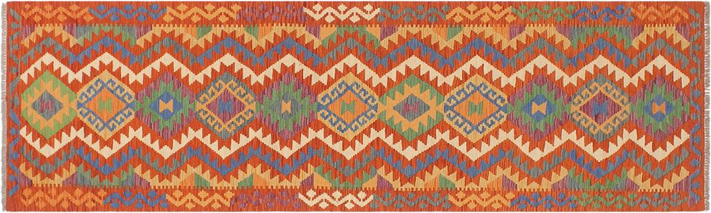 Flat Weave Kilim Antique Navaho Vintage handmade Geometric Kilim Rust Blue Hand-Woven Runner 100% Wool Area Rug 3x10 