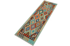 Flat Weave Kilim Antique Navaho Vintage handmade Geometric Kilim Blue Rust Hand-Woven Runner 100% Wool Area Rug 3x9 