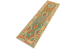 Flat Weave Kilim Antique Navaho Vintage handmade Geometric Kilim Blue Beige Hand-Woven Runner 100% Wool Area Rug 3x10 