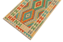 Flat Weave Kilim Antique Navaho Vintage handmade Geometric Kilim Blue Beige Hand-Woven Runner 100% Wool Area Rug 3x10 